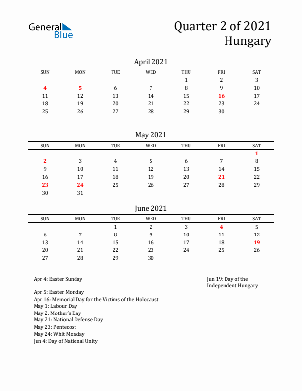 Quarter 2 2021 Hungary Quarterly Calendar