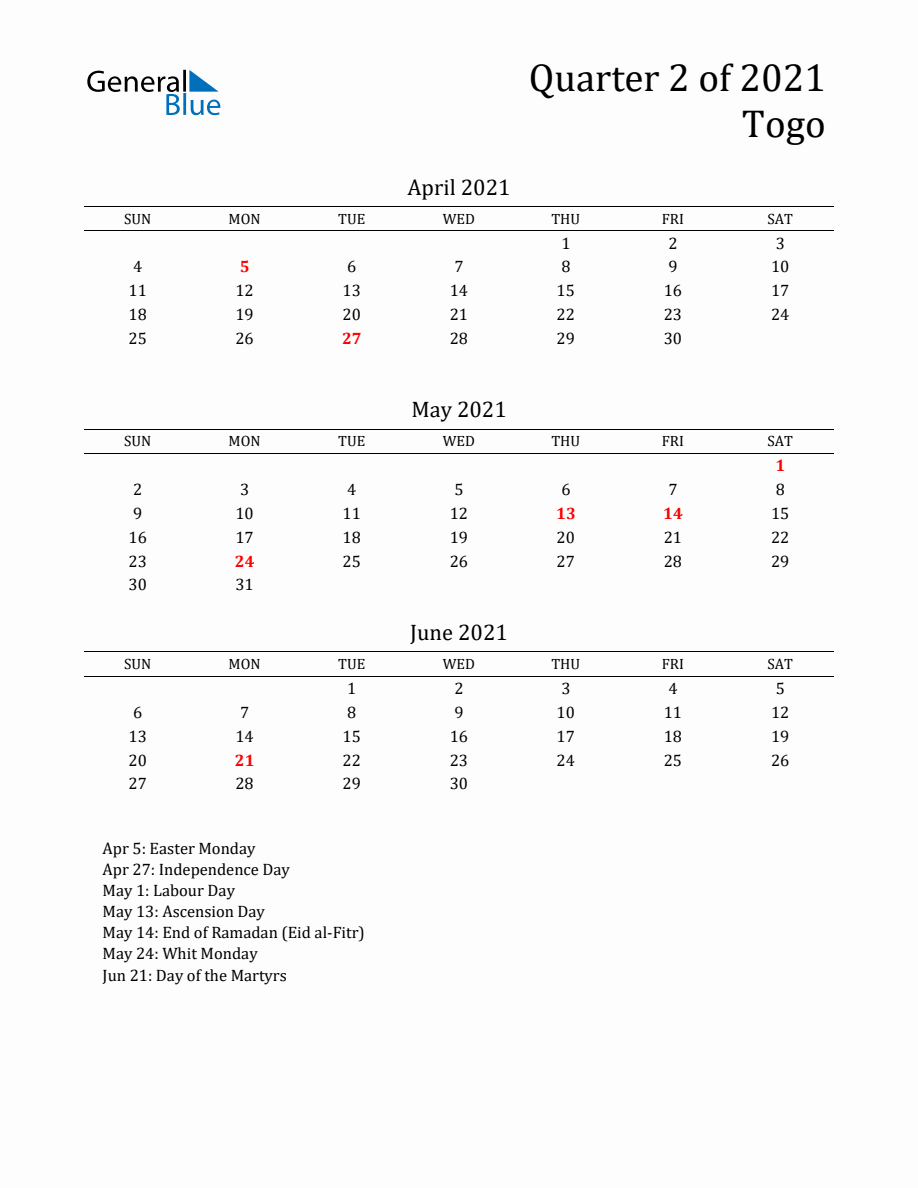 Quarter 2 2021 Togo Quarterly Calendar