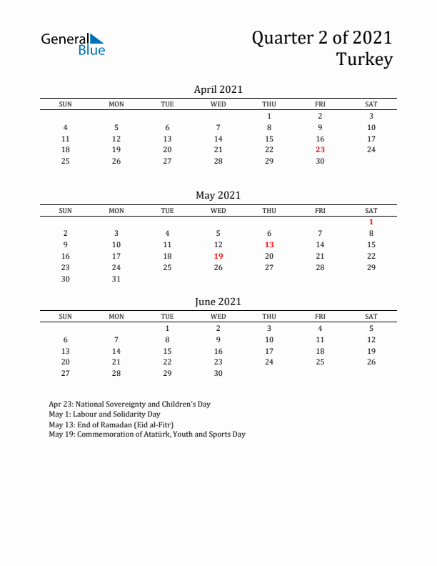 Quarter 2 2021 Turkey Quarterly Calendar
