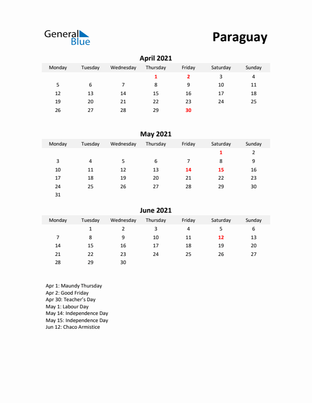 Printable Quarterly Calendar with Notes and Paraguay Holidays- Q2 of 2021