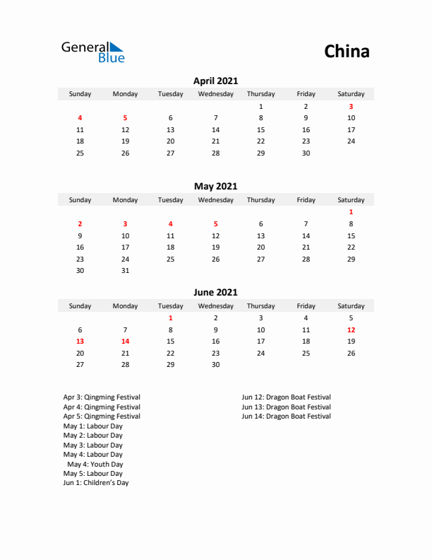 Printable Quarterly Calendar with Notes and China Holidays- Q2 of 2021