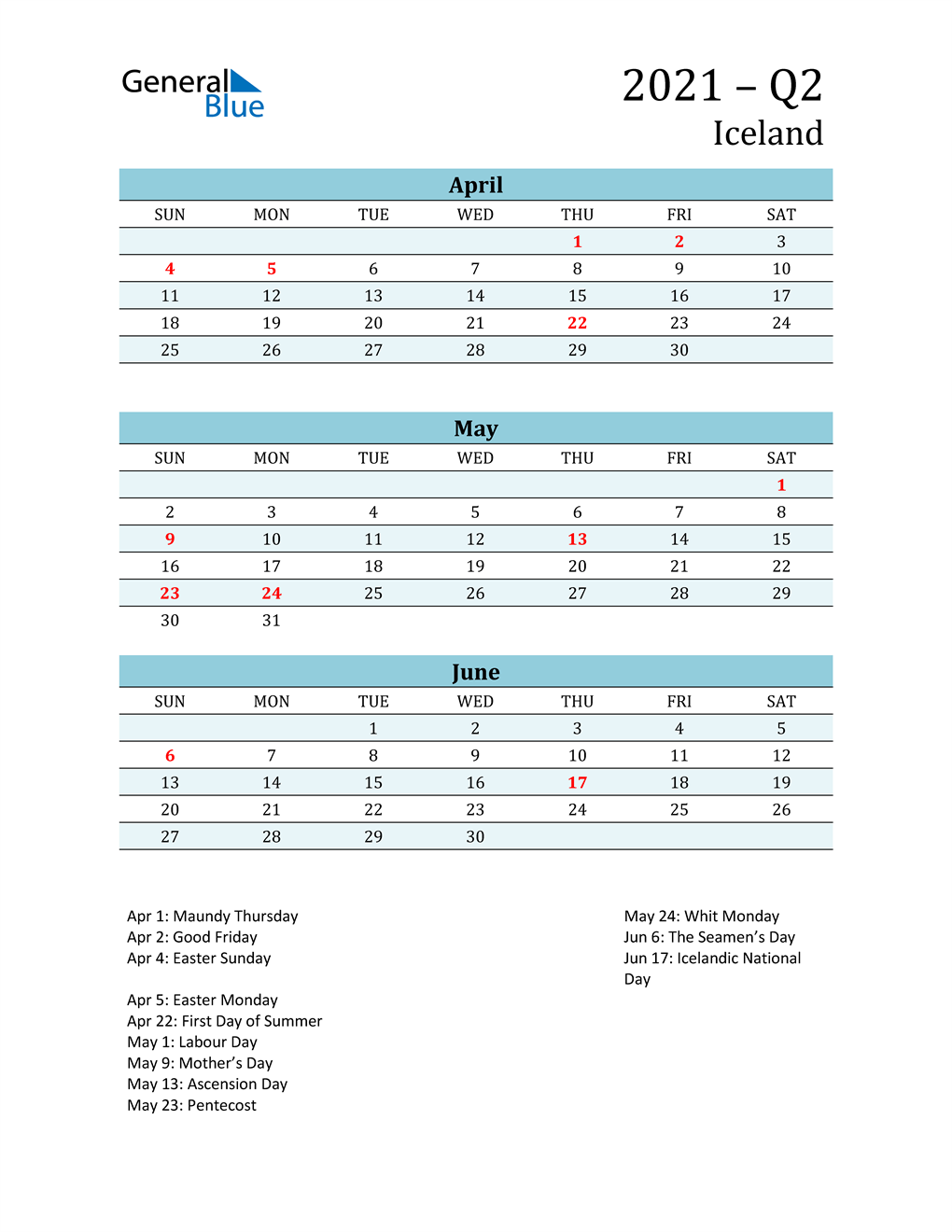  Three-Month Planner for Q2 2021 with Holidays