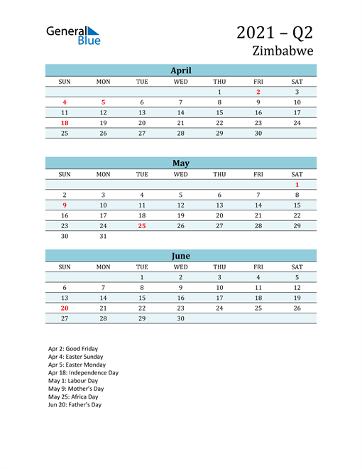  Three-Month Planner for Q2 2021 with Holidays