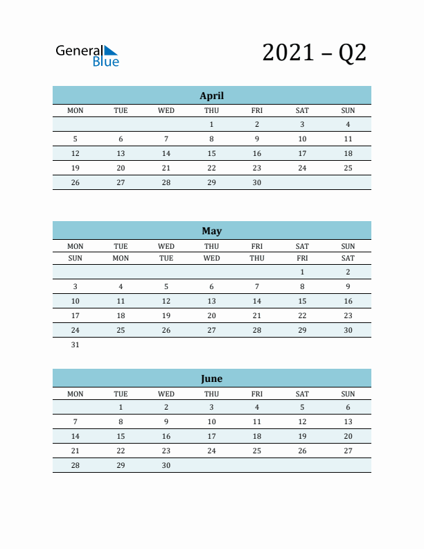 April, May, and June 2021 Calendar