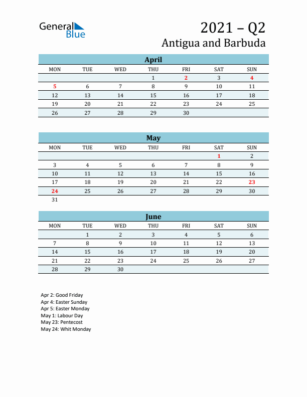 Three-Month Planner for Q2 2021 with Holidays - Antigua and Barbuda