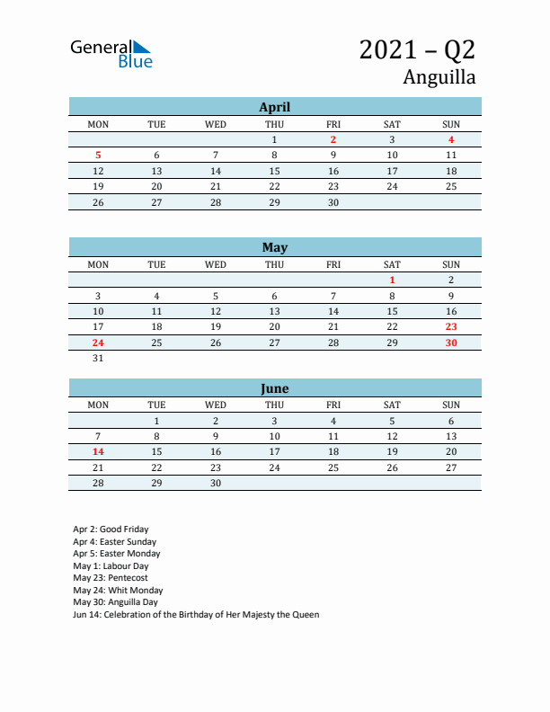 Three-Month Planner for Q2 2021 with Holidays - Anguilla