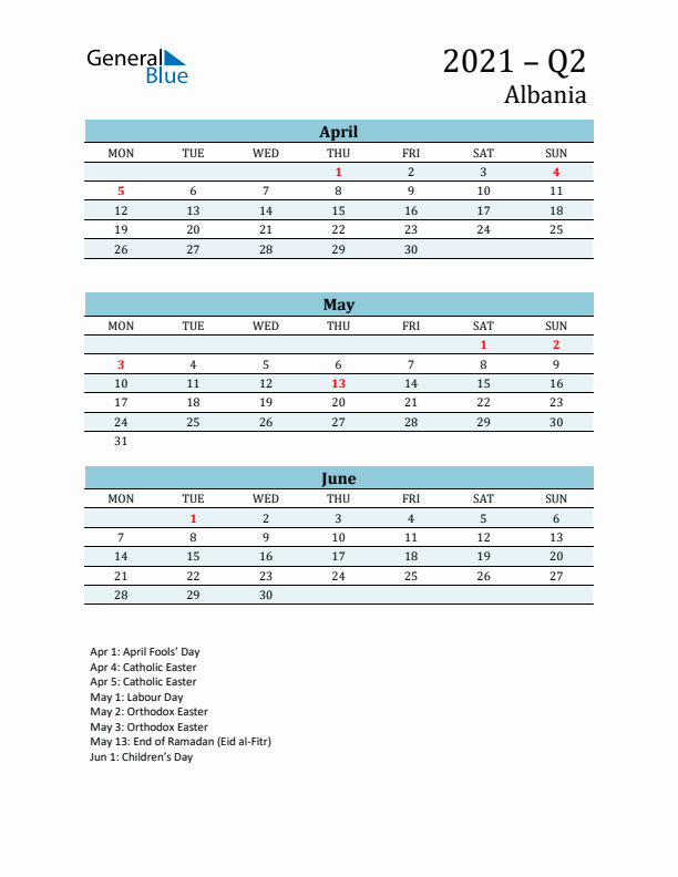 Three-Month Planner for Q2 2021 with Holidays - Albania
