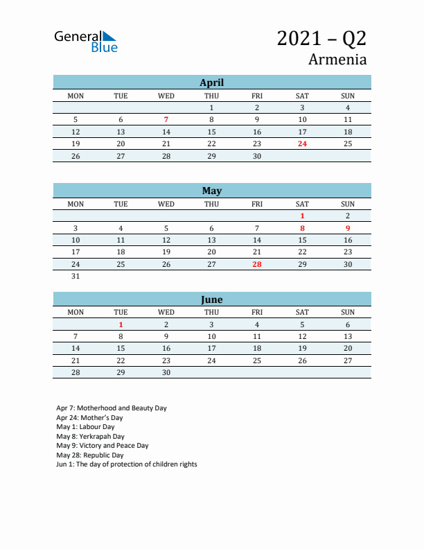 Three-Month Planner for Q2 2021 with Holidays - Armenia