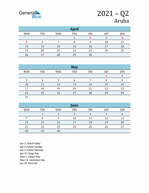 Three-Month Planner for Q2 2021 with Holidays - Aruba