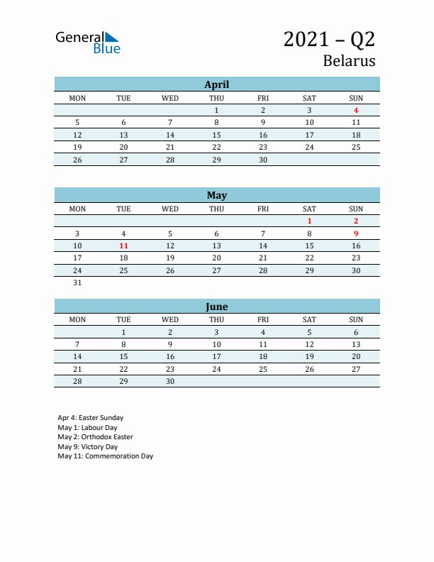Three-Month Planner for Q2 2021 with Holidays - Belarus