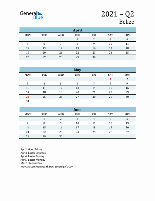 Three-Month Planner for Q2 2021 with Holidays - Belize