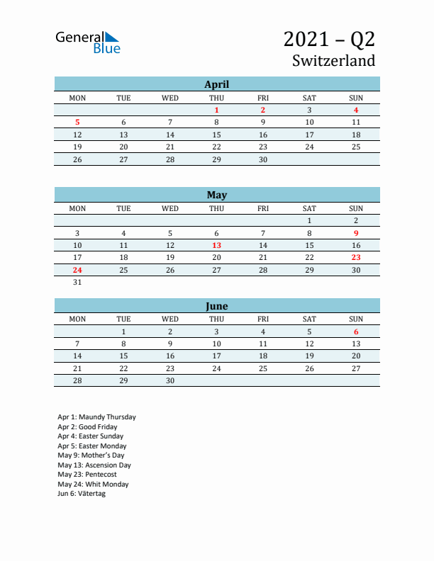 Three-Month Planner for Q2 2021 with Holidays - Switzerland