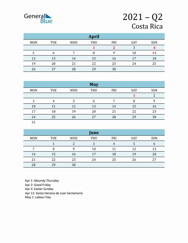Three-Month Planner for Q2 2021 with Holidays - Costa Rica