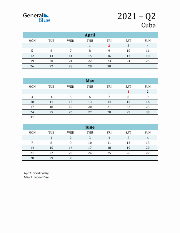 Three-Month Planner for Q2 2021 with Holidays - Cuba