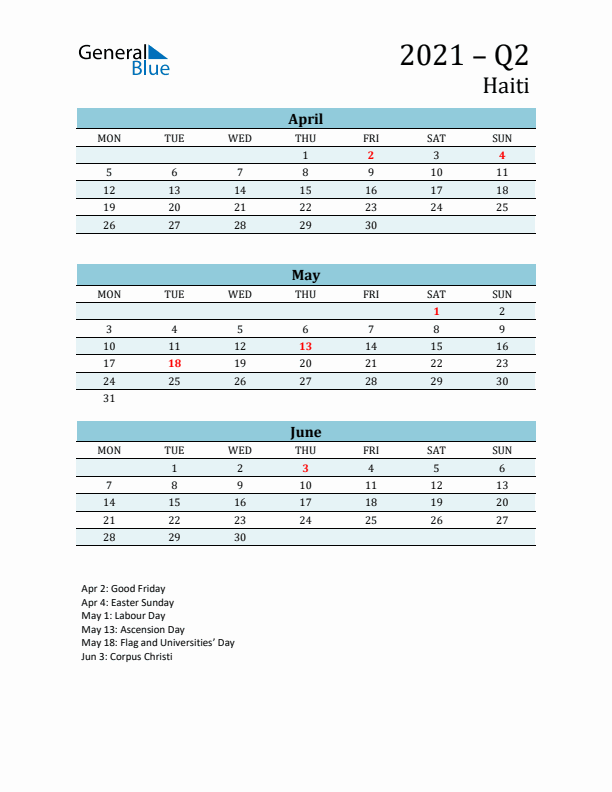 Three-Month Planner for Q2 2021 with Holidays - Haiti
