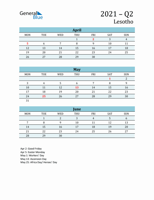 Three-Month Planner for Q2 2021 with Holidays - Lesotho