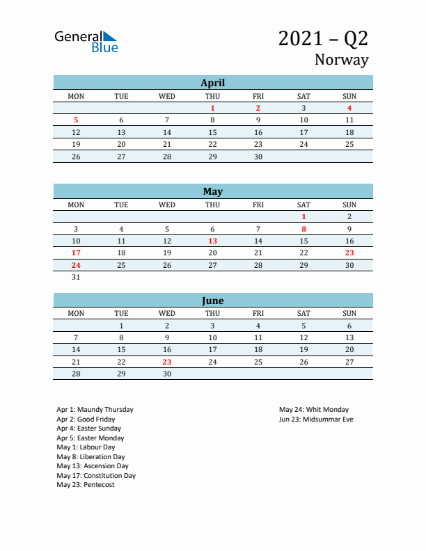 Three-Month Planner for Q2 2021 with Holidays - Norway