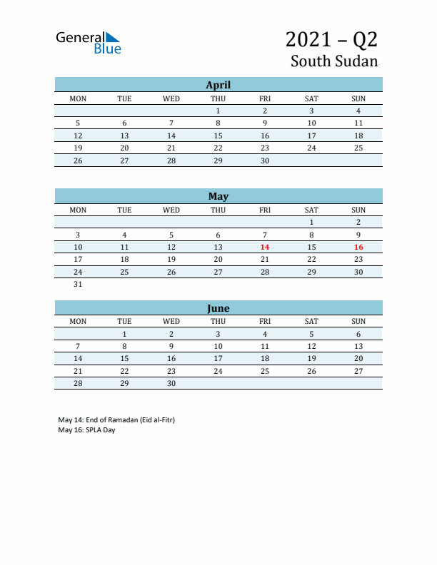 Three-Month Planner for Q2 2021 with Holidays - South Sudan
