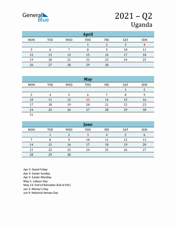 Three-Month Planner for Q2 2021 with Holidays - Uganda