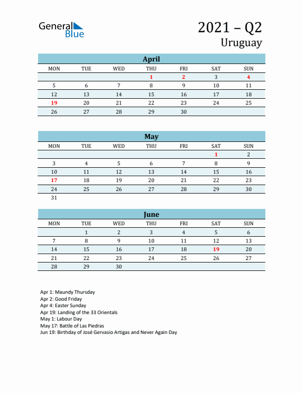 Three-Month Planner for Q2 2021 with Holidays - Uruguay
