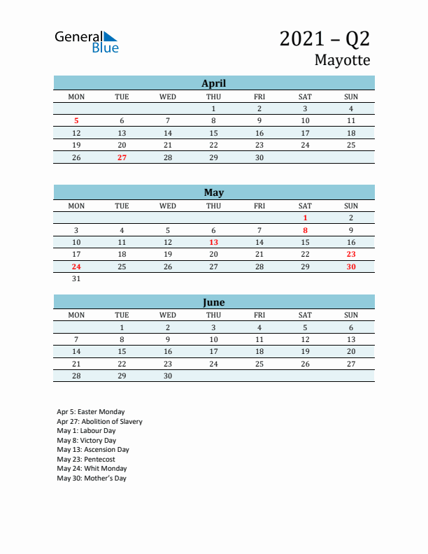 Three-Month Planner for Q2 2021 with Holidays - Mayotte