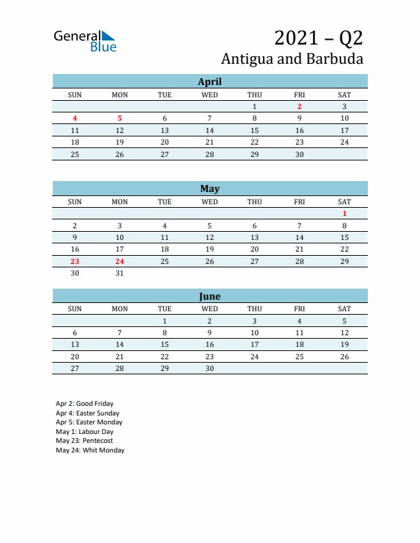 Three-Month Planner for Q2 2021 with Holidays - Antigua and Barbuda