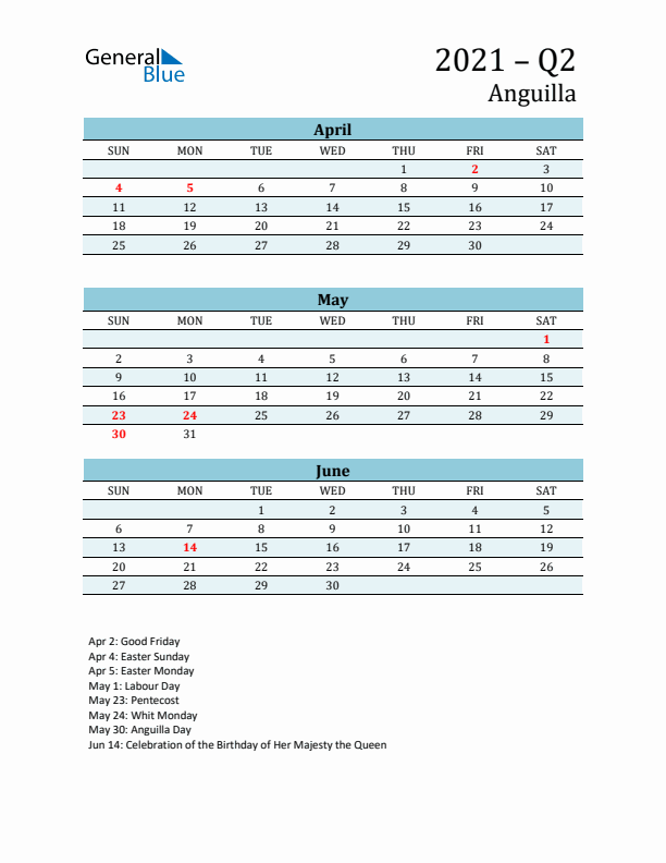 Three-Month Planner for Q2 2021 with Holidays - Anguilla