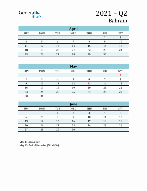 Three-Month Planner for Q2 2021 with Holidays - Bahrain