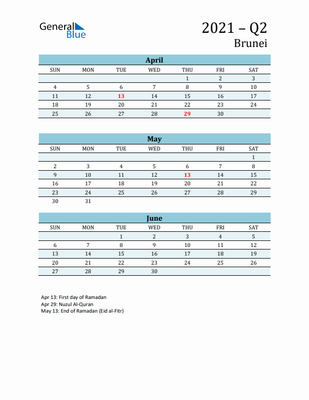 Three-Month Planner for Q2 2021 with Holidays - Brunei