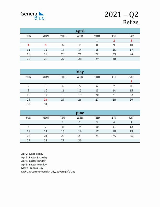 Three-Month Planner for Q2 2021 with Holidays - Belize