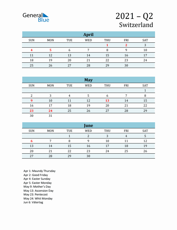 Three-Month Planner for Q2 2021 with Holidays - Switzerland