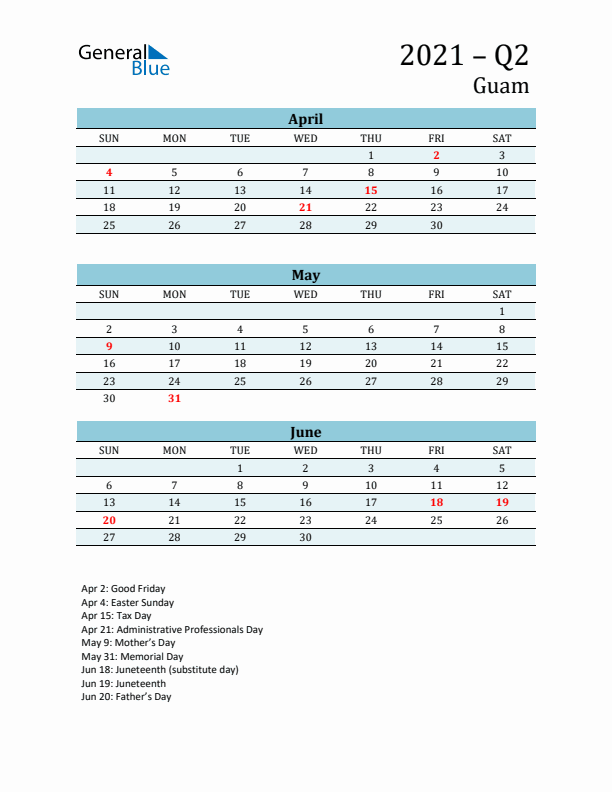 Three-Month Planner for Q2 2021 with Holidays - Guam