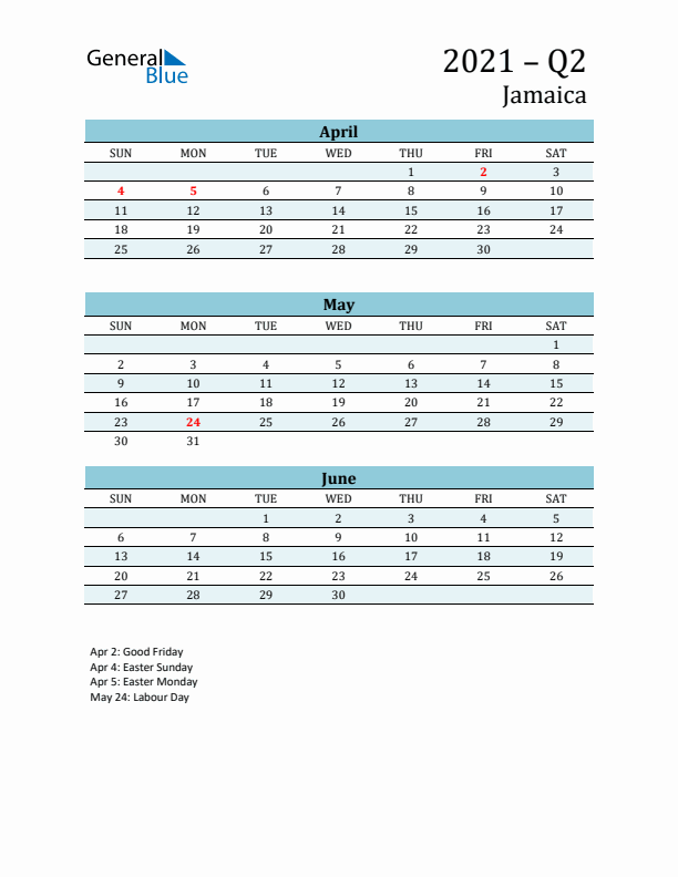 Three-Month Planner for Q2 2021 with Holidays - Jamaica