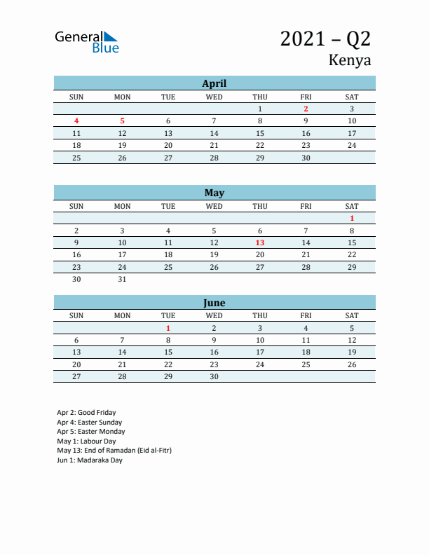 Three-Month Planner for Q2 2021 with Holidays - Kenya