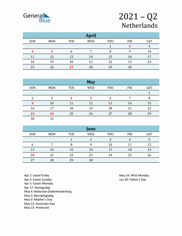 Three-Month Planner for Q2 2021 with Holidays - The Netherlands