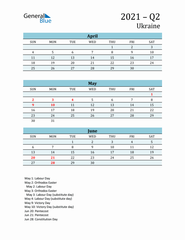 Three-Month Planner for Q2 2021 with Holidays - Ukraine