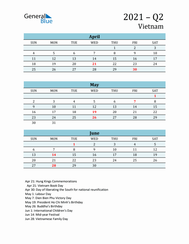 Three-Month Planner for Q2 2021 with Holidays - Vietnam