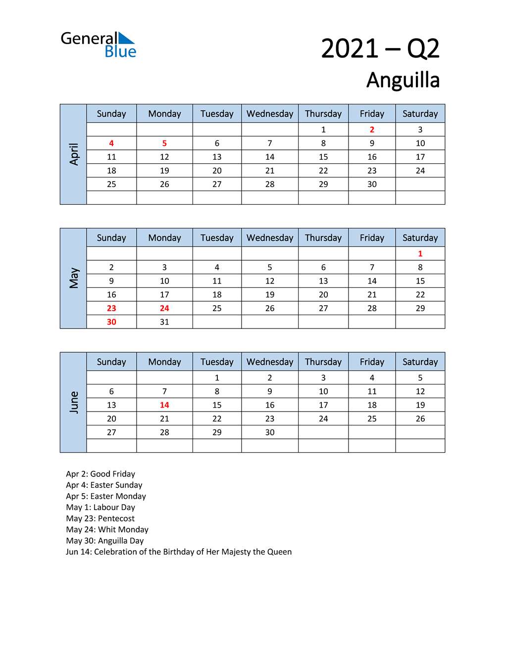  Free Q2 2021 Calendar for Anguilla