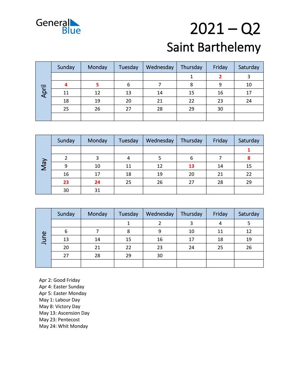  Free Q2 2021 Calendar for Saint Barthelemy