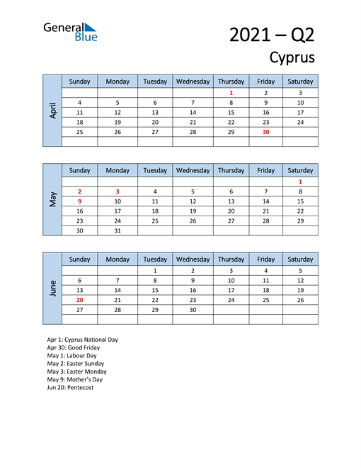  Free Q2 2021 Calendar for Cyprus