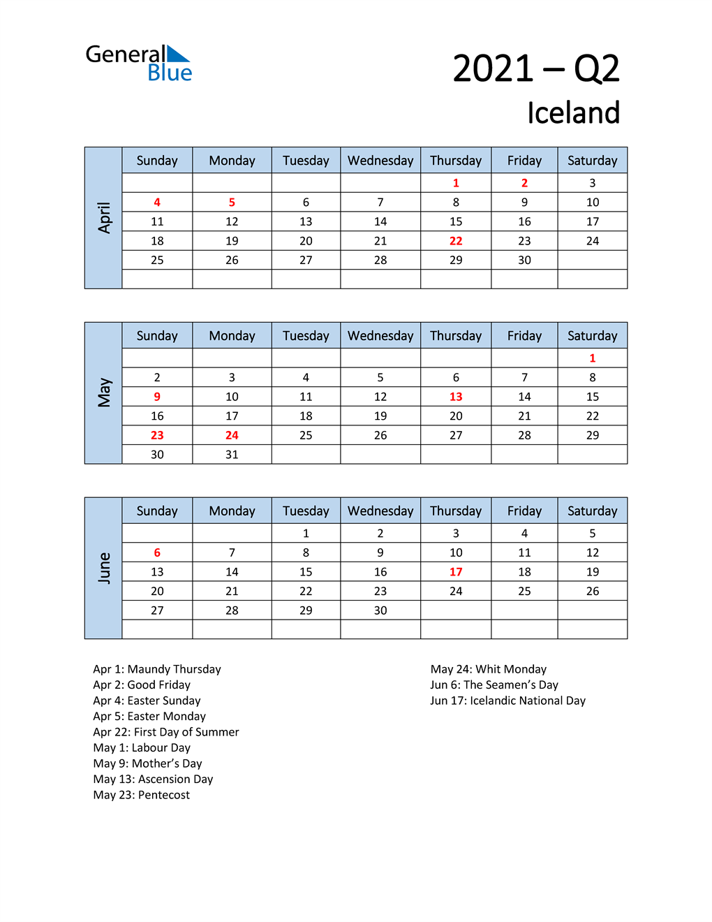  Free Q2 2021 Calendar for Iceland