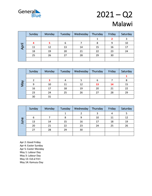  Free Q2 2021 Calendar for Malawi