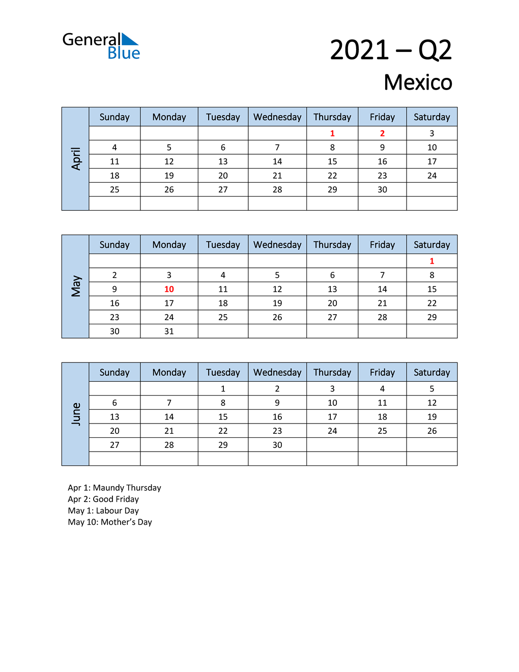  Free Q2 2021 Calendar for Mexico