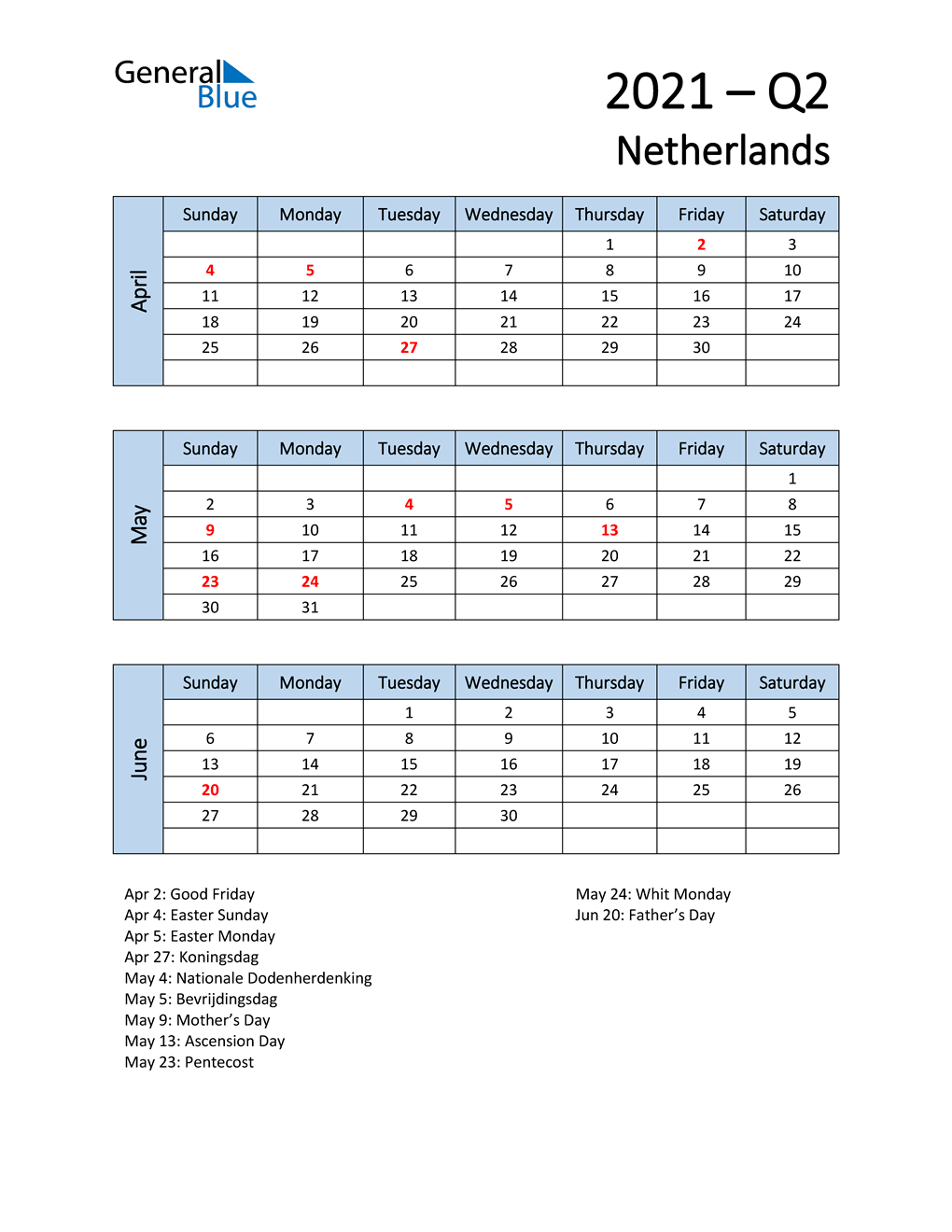  Free Q2 2021 Calendar for Netherlands