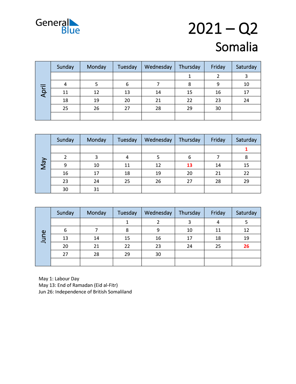  Free Q2 2021 Calendar for Somalia