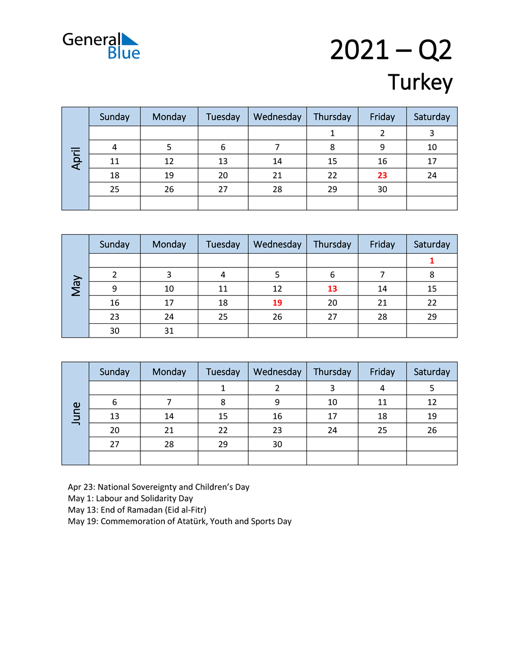  Free Q2 2021 Calendar for Turkey