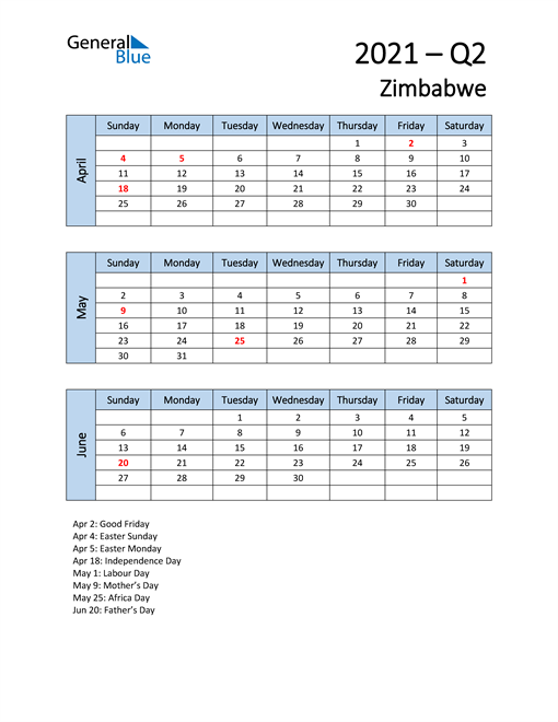  Free Q2 2021 Calendar for Zimbabwe