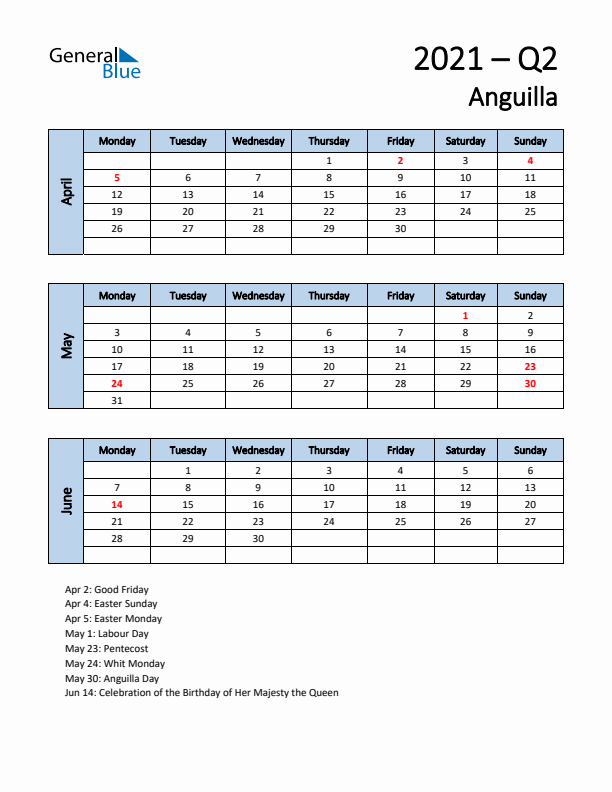 Free Q2 2021 Calendar for Anguilla - Monday Start