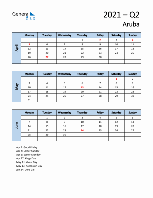 Free Q2 2021 Calendar for Aruba - Monday Start