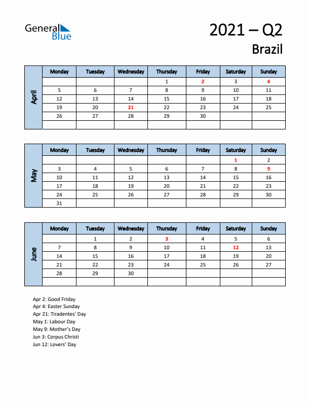 Free Q2 2021 Calendar for Brazil - Monday Start